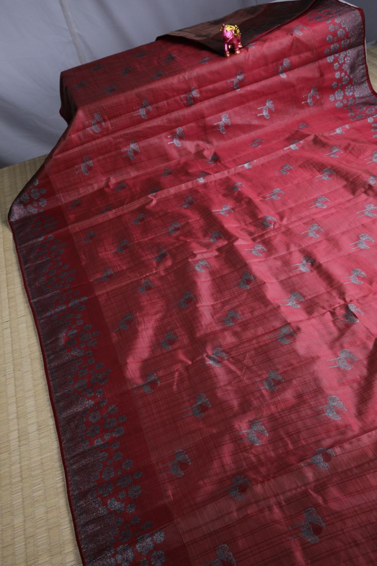 Lipstick Red Raw Silk Sarees with Without Zari Zari Floral Patterns view 2