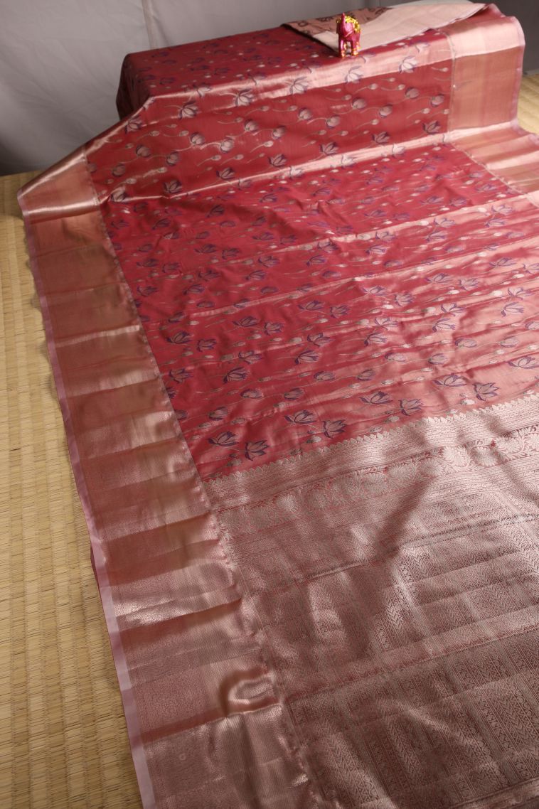 Rouge Pink Tissue Silk Sarees with Gold Zari Floral Patterns view 2