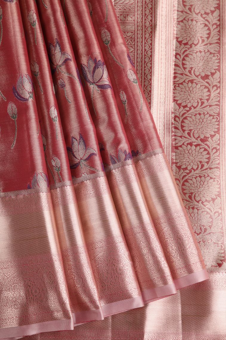Rouge Pink Tissue Silk Sarees with Gold Zari Floral Patterns view 1