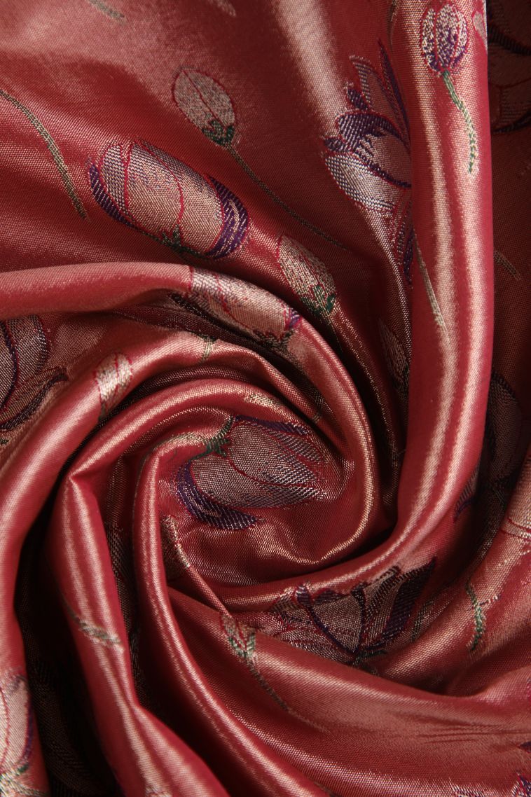 Rouge Pink Tissue Silk Sarees with Gold Zari Floral Patterns view 4