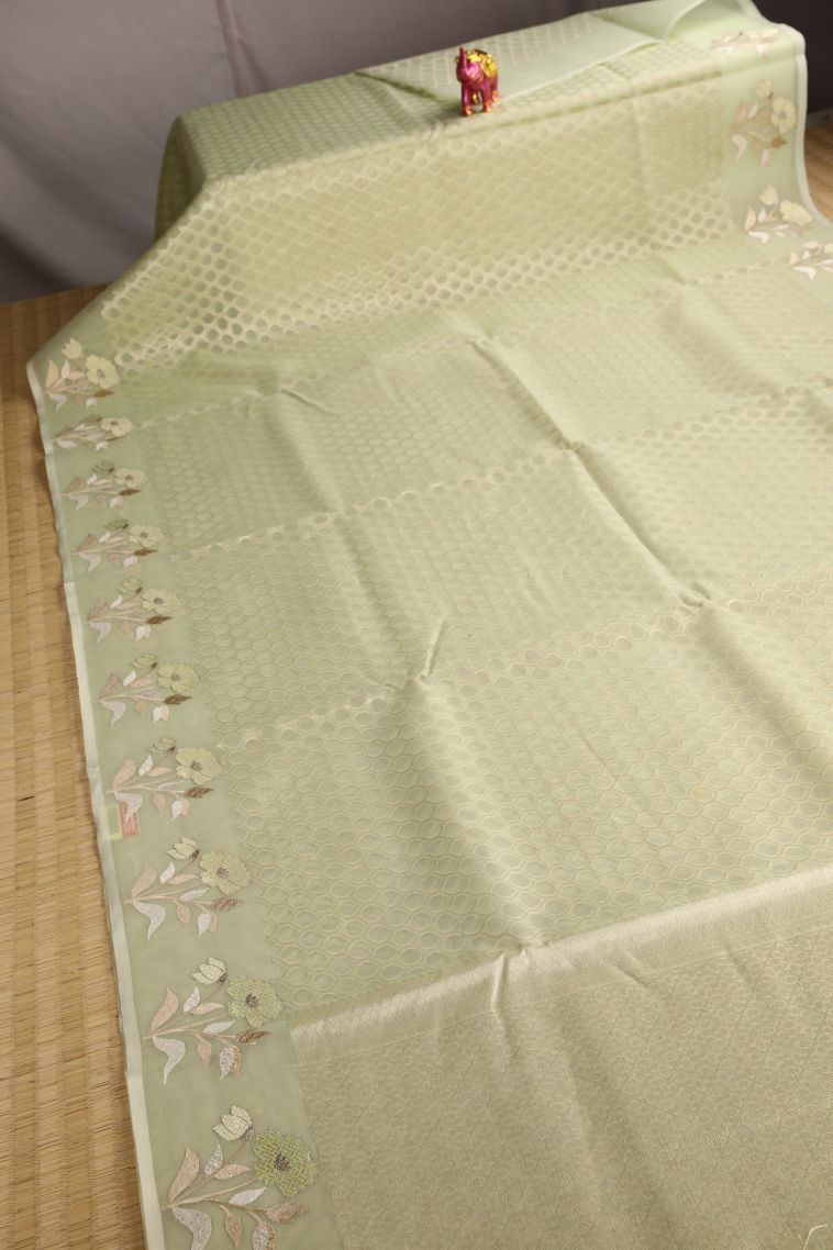 Pistachio Green Organza Saree with Antic Zari Geometric Shapes view 2