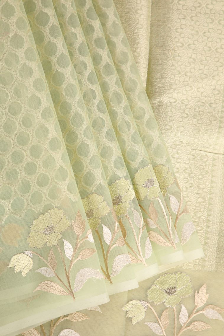 Pistachio Green Organza Saree with Antic Zari Geometric Shapes view 1