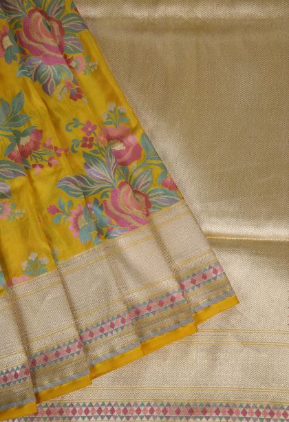 Merigold Orange Banaras Silk Saree with Gold And Silver Zari Floral Patterns