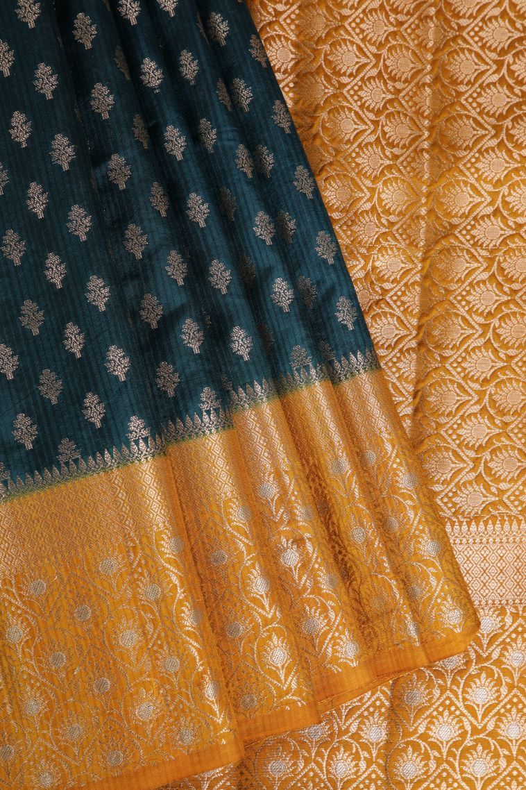 Aegean Blue Jute Sarees with Gold Zari Buttis (small Dots Or Motifs) view 1
