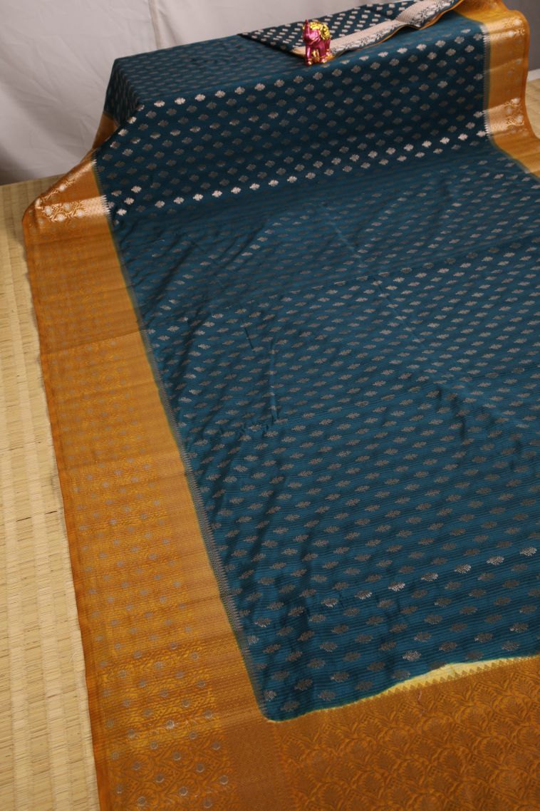 Aegean Blue Jute Sarees with Gold Zari Buttis (small Dots Or Motifs) view 2
