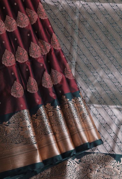 Penny Brown Soft Silk Sarees with Gold Zari Floral Patterns