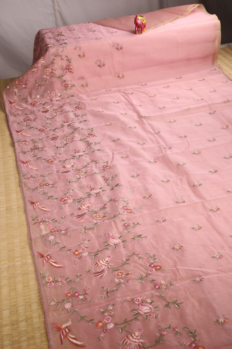 Crepe Pink Manipuri Cotton Sarees with Multy Coiour Zari Floral Patterns view 2