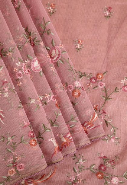 Crepe Pink Manipuri Cotton Sarees with Multy Coiour Zari Floral Patterns