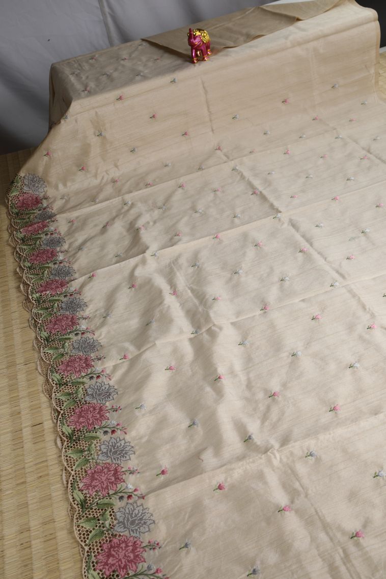 Linen White Semi Tussar Silk with Without Zari Zari Floral Patterns view 2