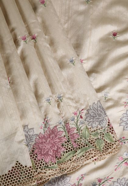 Linen White Semi Tussar Silk with Without Zari Zari Floral Patterns
