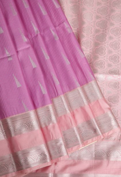 Lavender Soft Silk Saree with Silver Zari Rain Drops Mottif