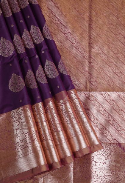 Bosenberry Purple Apoorva Silk Sarees with Gold Zari Floral Patterns