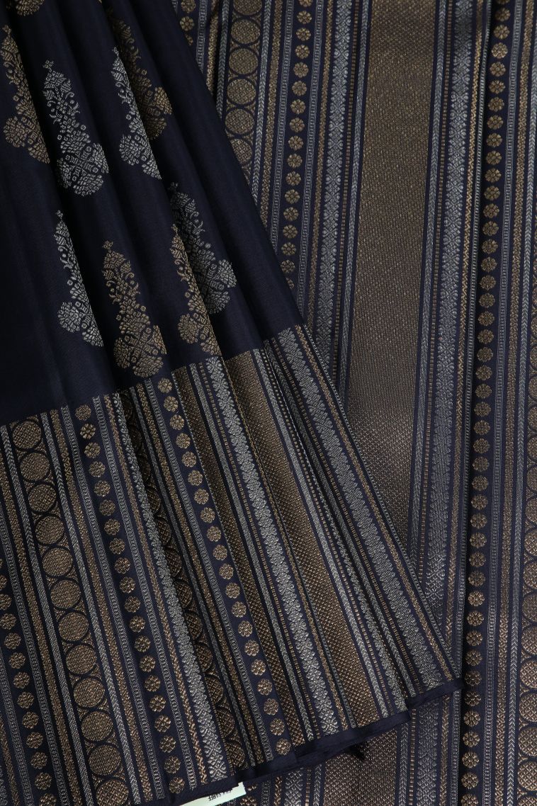 Onyx Black Kanchipuram Silk Sarees with Gold And Silver Zari Floral Patterns view 1