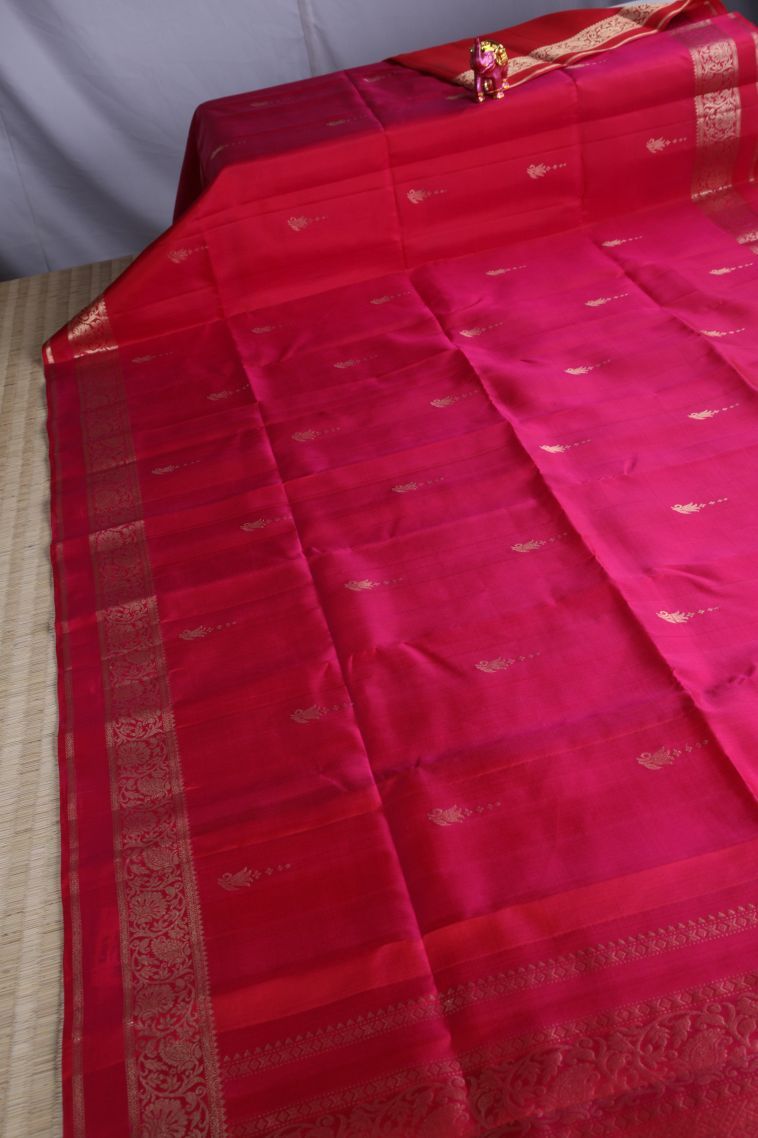 Rose  Red Soft Silk Saree with Gold Zari Floral Puttas view 2