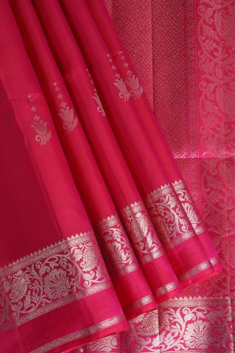 Rose  Red Soft Silk Saree with Gold Zari Floral Puttas view 1