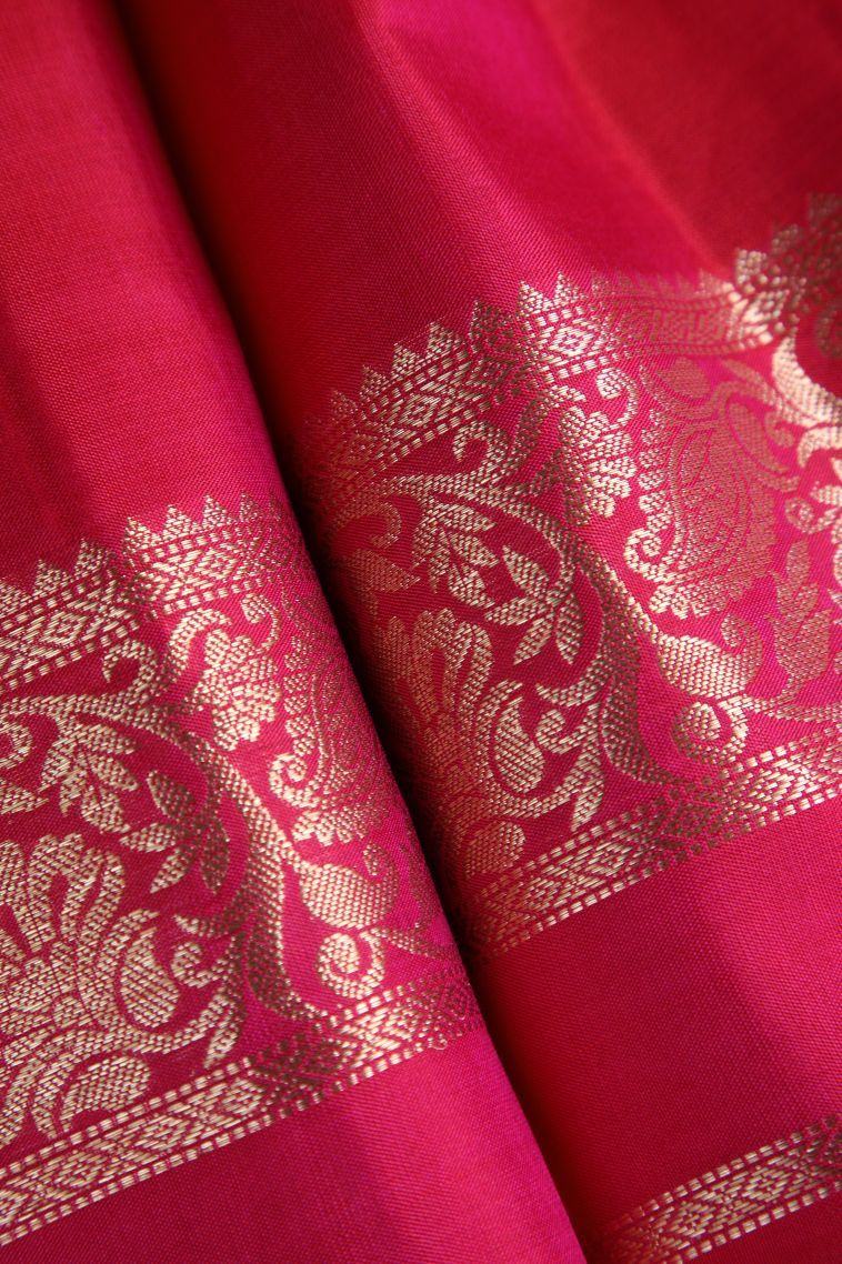 Rose  Red Soft Silk Saree with Gold Zari Floral Puttas view 4