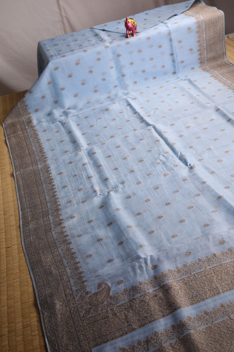 Sky Blue Banaras Sarees with Gold Zari Buttis (small Dots Or Motifs) view 2