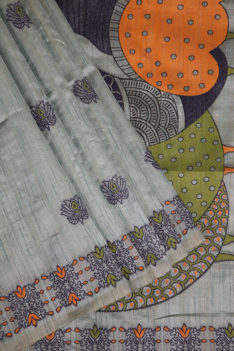 Gray Black Tussar Saree with Without Zari Zari Floral Patterns view 1