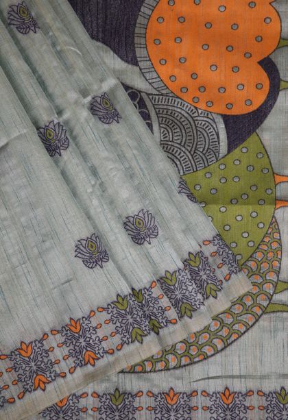 Gray Black Tussar Saree with Without Zari Zari Floral Patterns