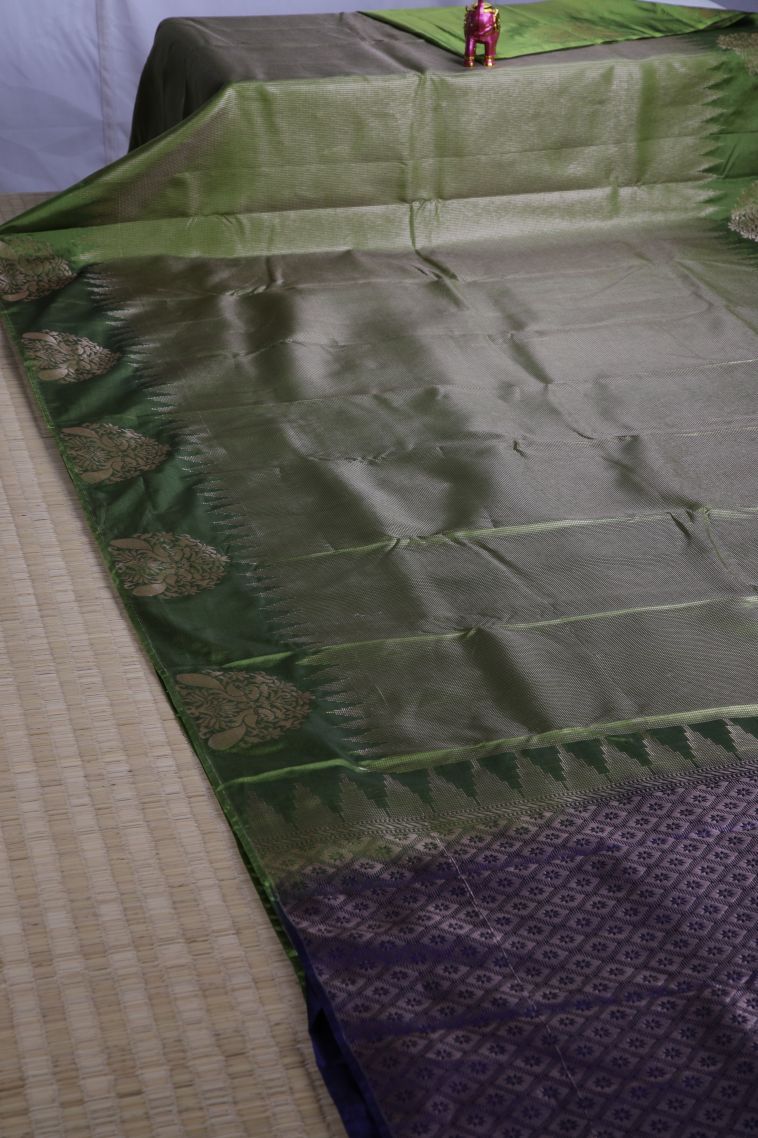 Moccon Green Soft Silk Sarees with Gold Zari Checks view 2