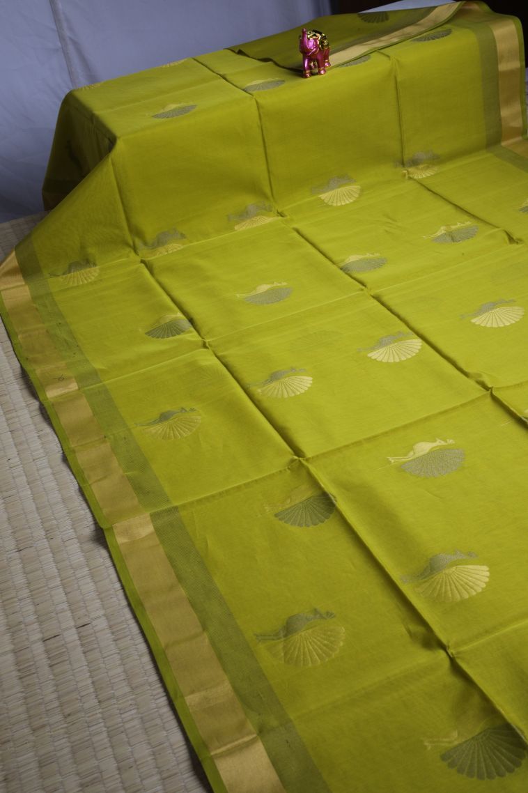 Pear Green Silk Cotton Sarees with Gold Zari Peacock Motifs view 2