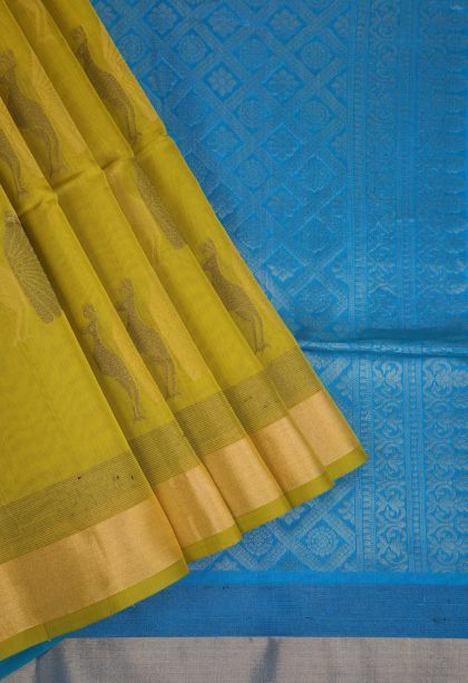 Pear Green Silk Cotton Sarees with Gold Zari Peacock Motifs