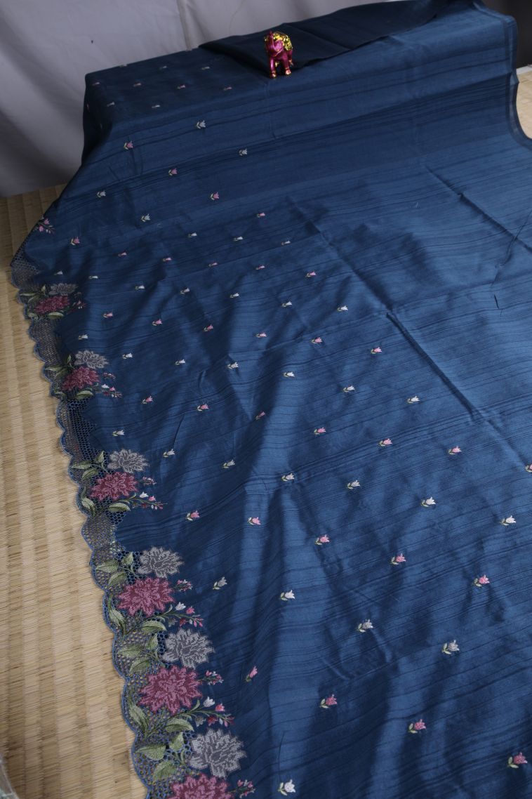 Aegean Blue Semi Tussar Silk with Without Zari Zari Floral Patterns view 2