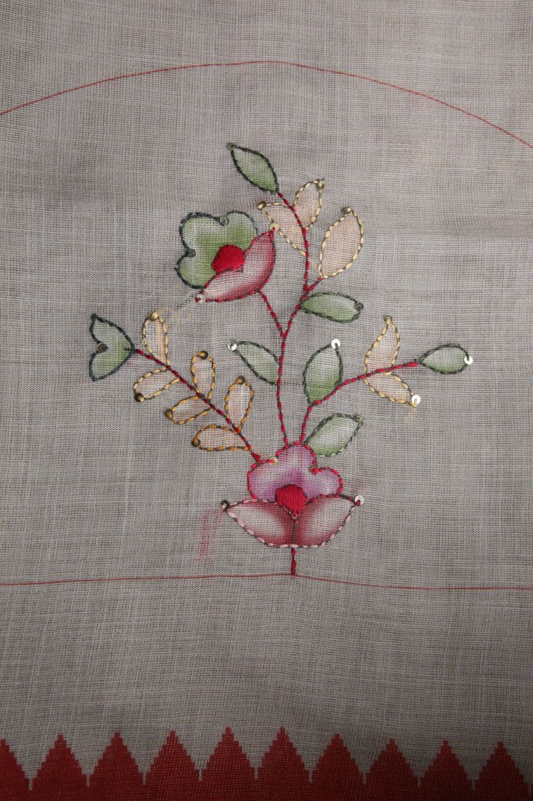 Smoke White Linen Saree with Without Zari Zari Floral Patterns view 3