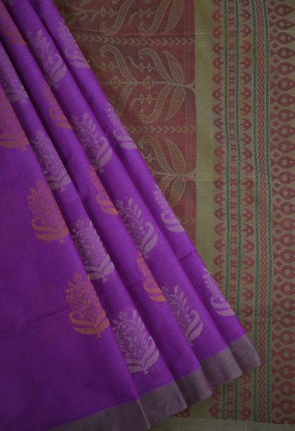 Bubble Purple Pure Handloom Kovai Cotton with Gold Zari Floral Patterns