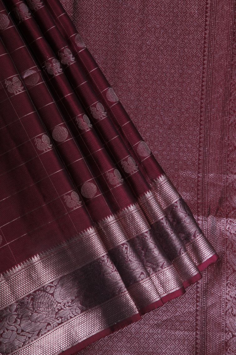 Jam Purple Soft Silk Saree with Silver Zari Checks view 1