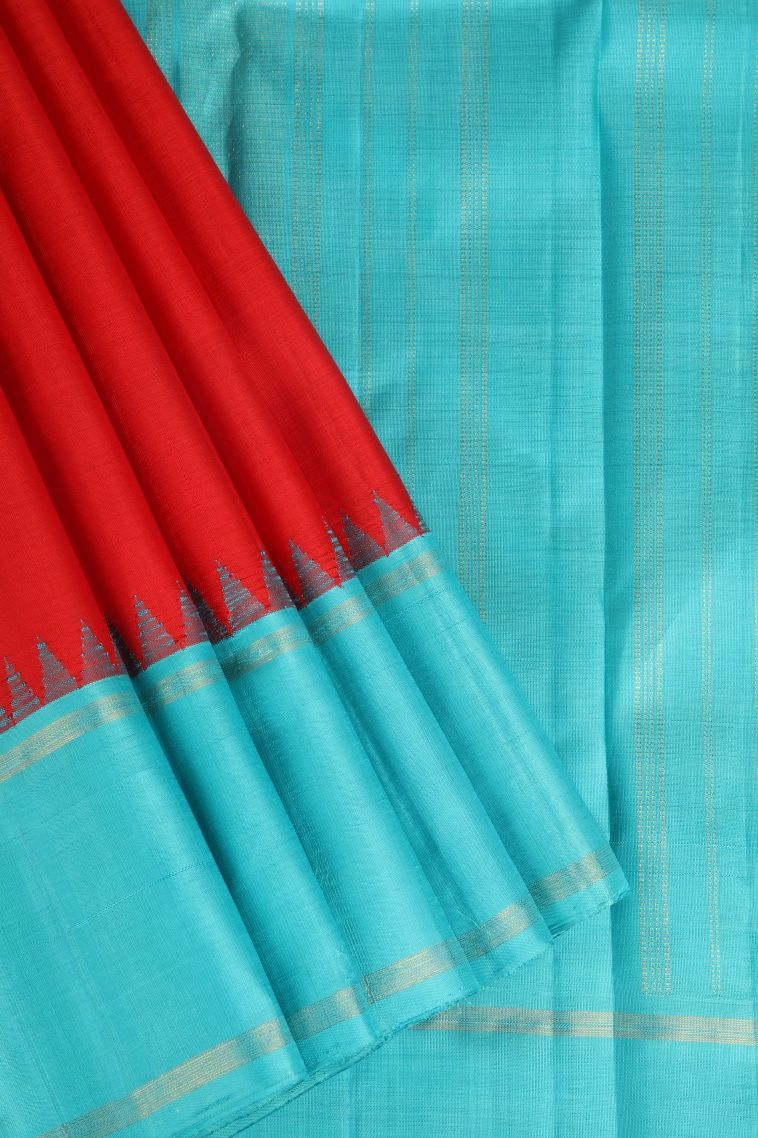 Candy Red Kanchipuram Silk Sarees with Gold Zari Plain view 1