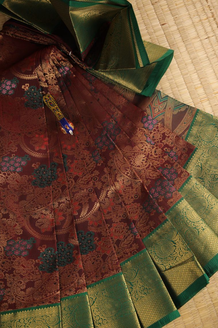Cinnamon Brown Visiri Madippu Silk Sarees with Gold Zari Manga view 1