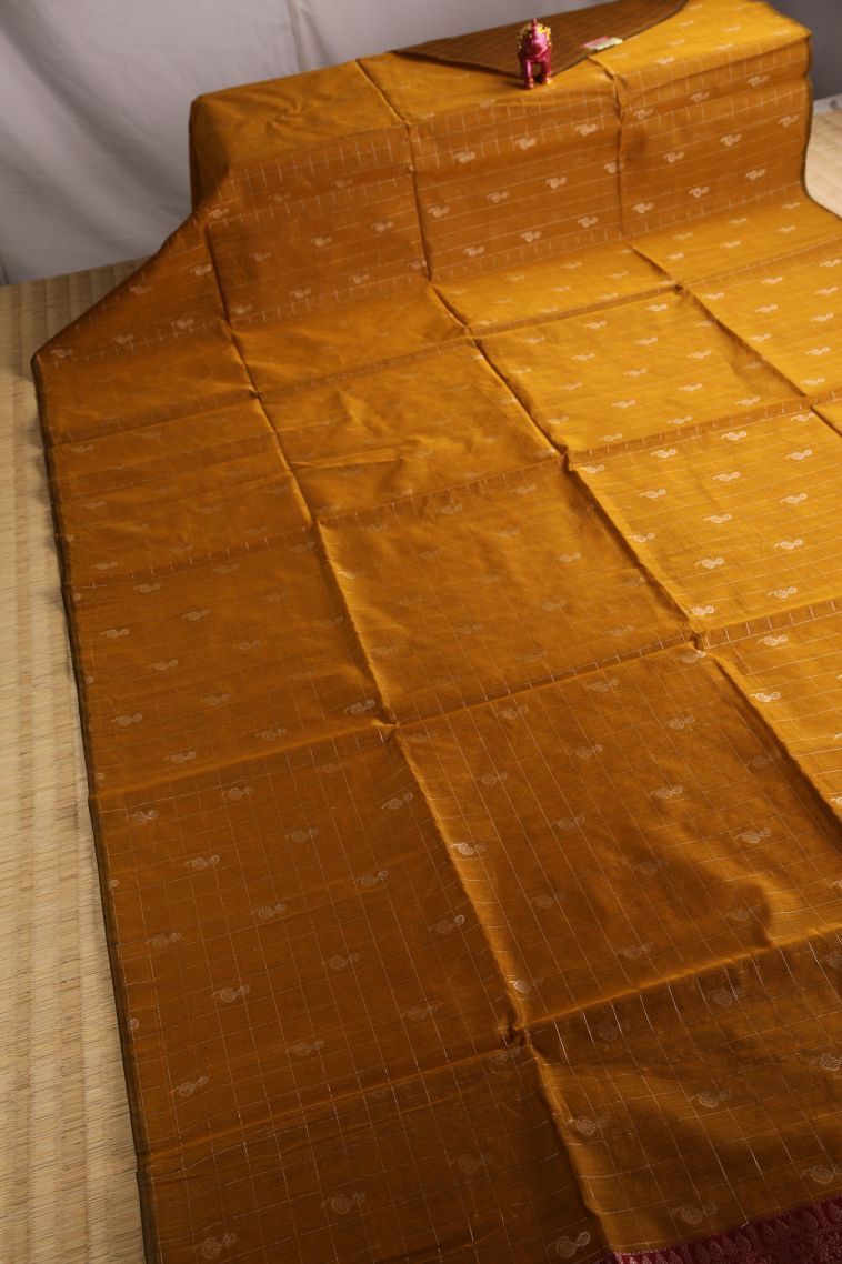 Parmesean Yellow Silk Cotton Sarees with Gold Zari Checks And Puttas view 2