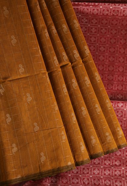 Parmesean Yellow Silk Cotton Sarees with Gold Zari Checks And Puttas