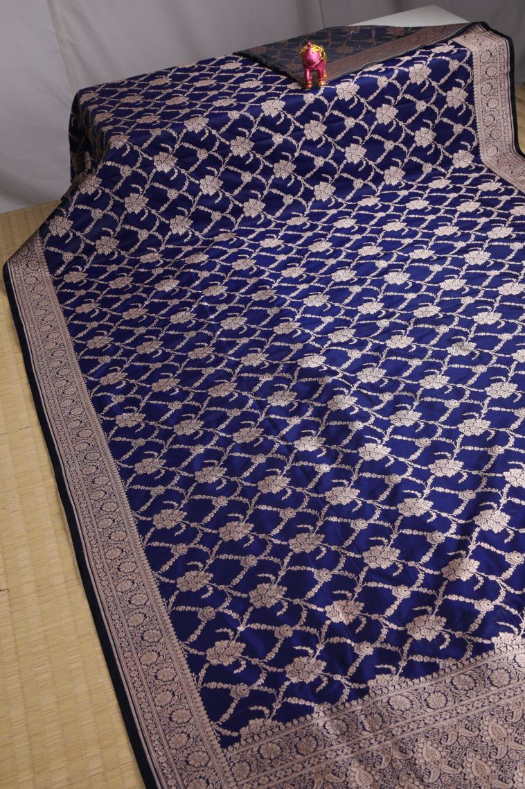 Admiral Blue Banaras Sarees with Gold Zari Floral Patterns view 2