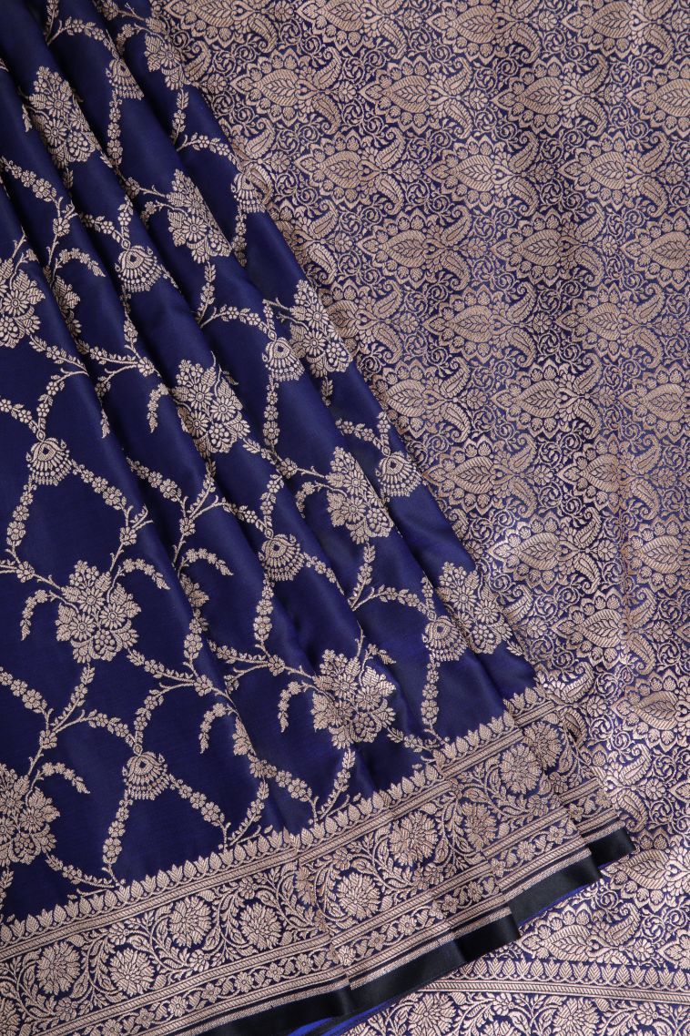 Admiral Blue Banaras Sarees with Gold Zari Floral Patterns view 1