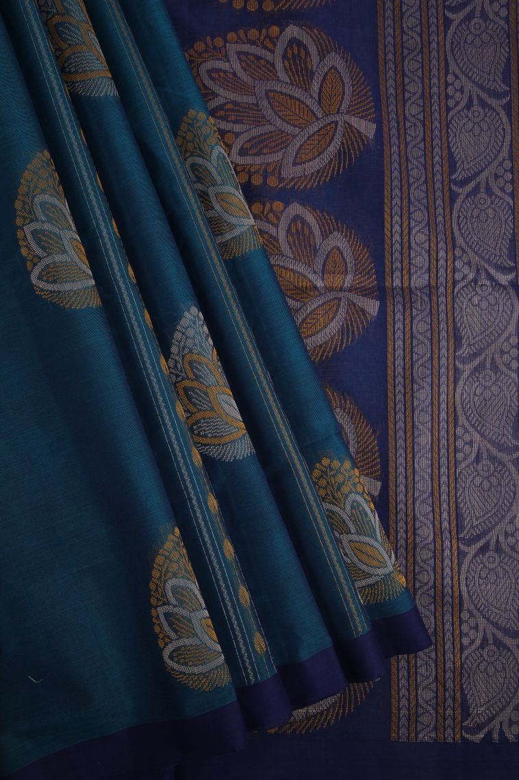 Ocean Blue Pure Handloom Kovai Cotton with Without Zari Zari Floral Patterns view 1