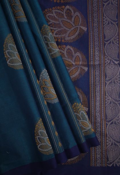 Ocean Blue Pure Handloom Kovai Cotton with Without Zari Zari Floral Patterns