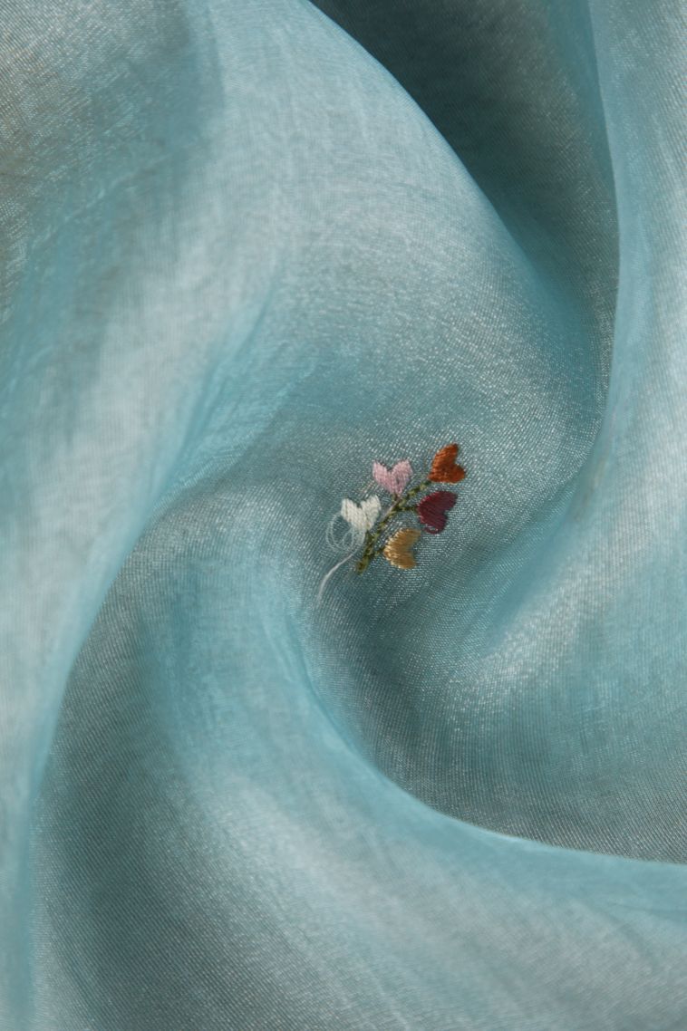 Sky Blue Organza Saree with Multy Coiour Zari Floral Puttas view 4