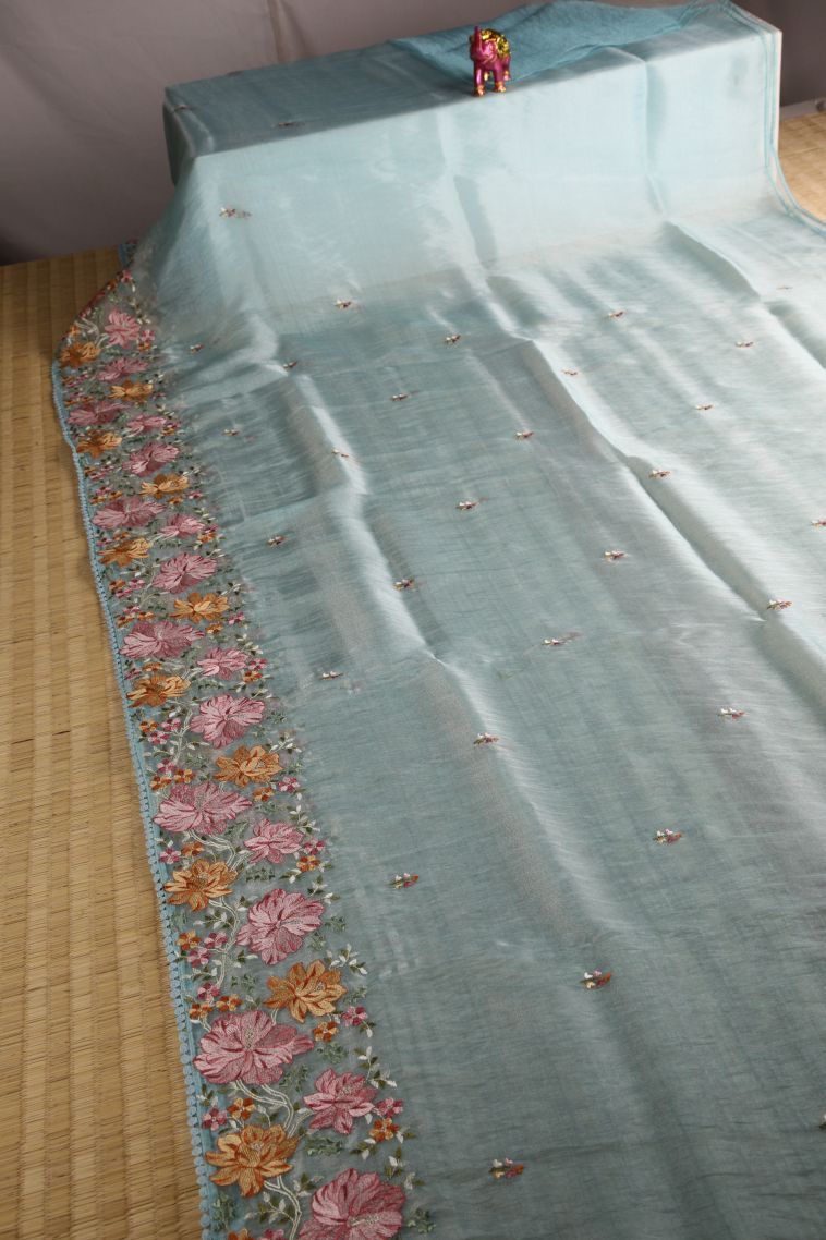 Sky Blue Organza Saree with Multy Coiour Zari Floral Puttas view 2