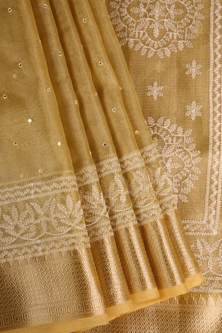 Gold Tissue Silk Sarees with Gold Zari Mirror Jamiki Puttas view 1