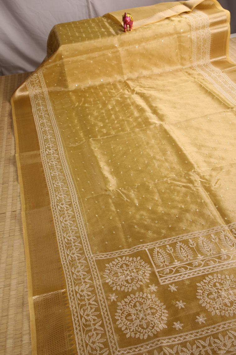 Gold Tissue Silk Sarees with Gold Zari Mirror Jamiki Puttas view 2