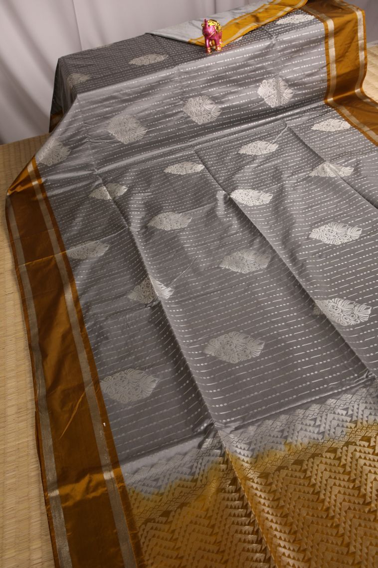 Davy Black Soft Silk Saree with Silver Zari Floral Puttas view 2