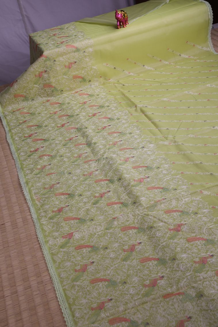 Olive Green Manipuri Cotton Sarees with Without Zari Zari Floral Patterns view 2