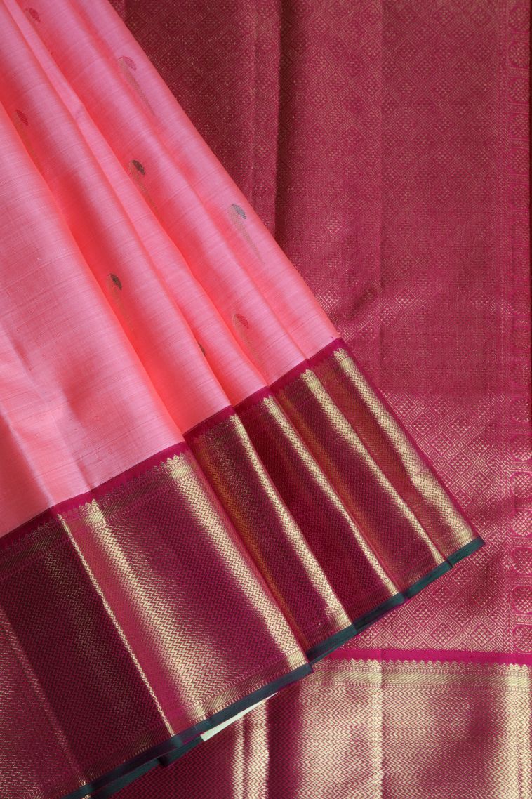 Rose Pink Kanchipuram Silk Sarees with Gold Zari Geometric Shapes view 1