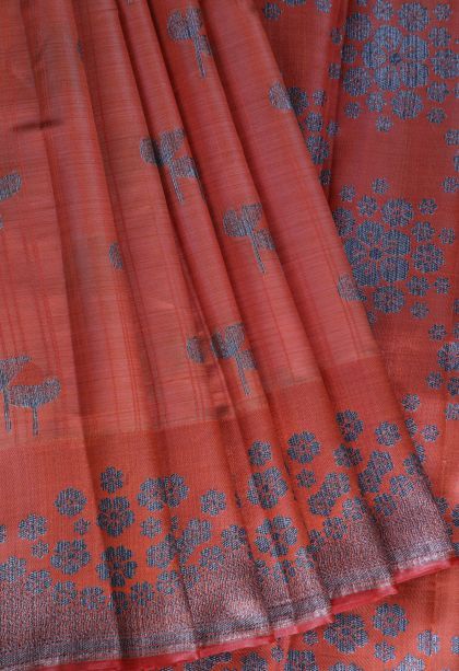 Dawn Red Raw Silk Sarees with Without Zari Zari Floral Patterns