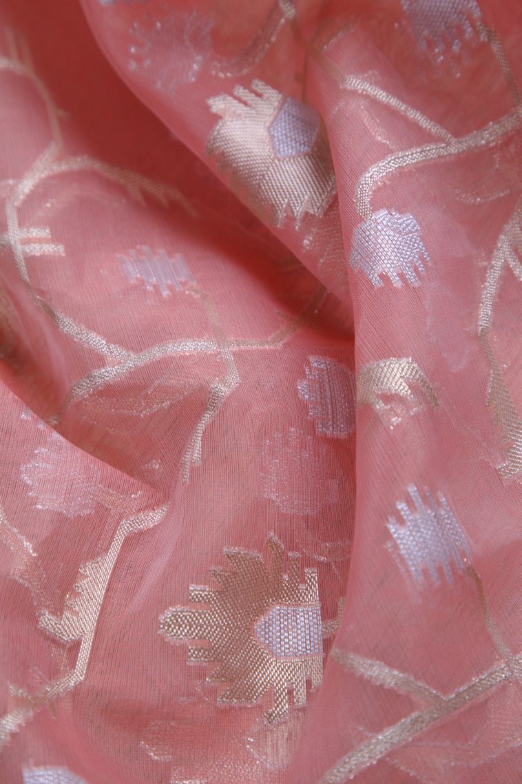 Peach Pink Organza Saree with Copper Zari Floral Patterns view 4