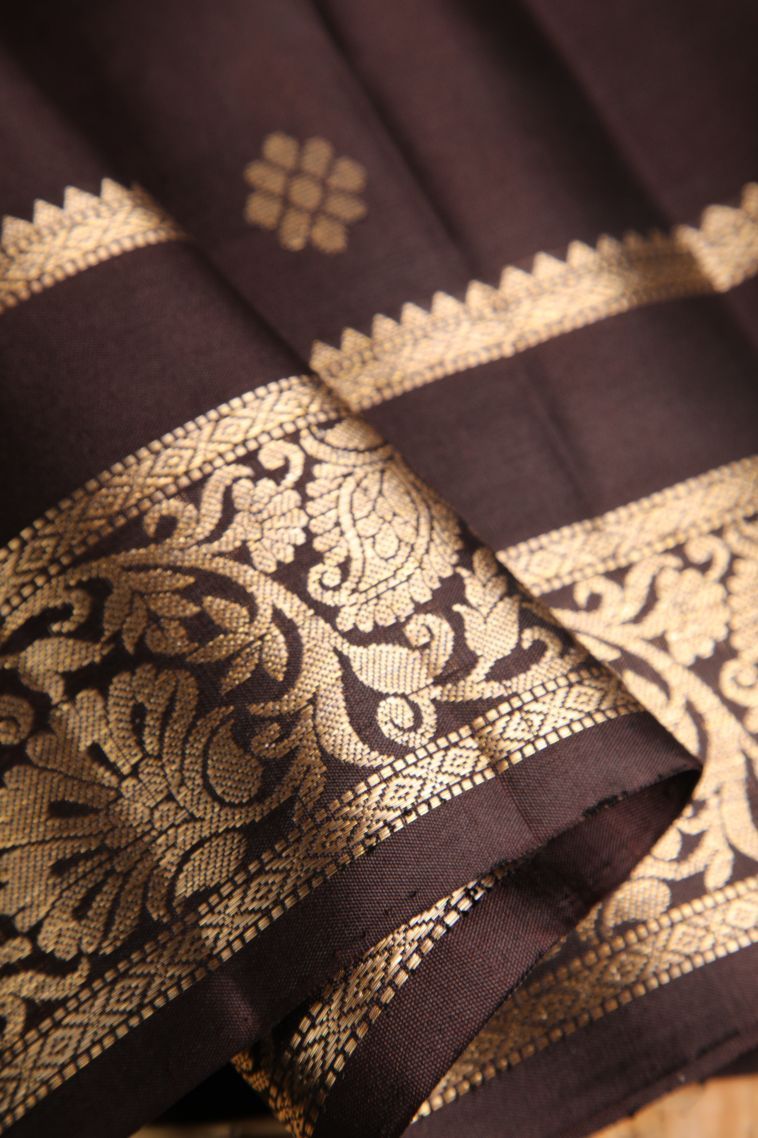 Hickory Brown Soft Silk Saree with Gold Zari Floral Puttas view 4
