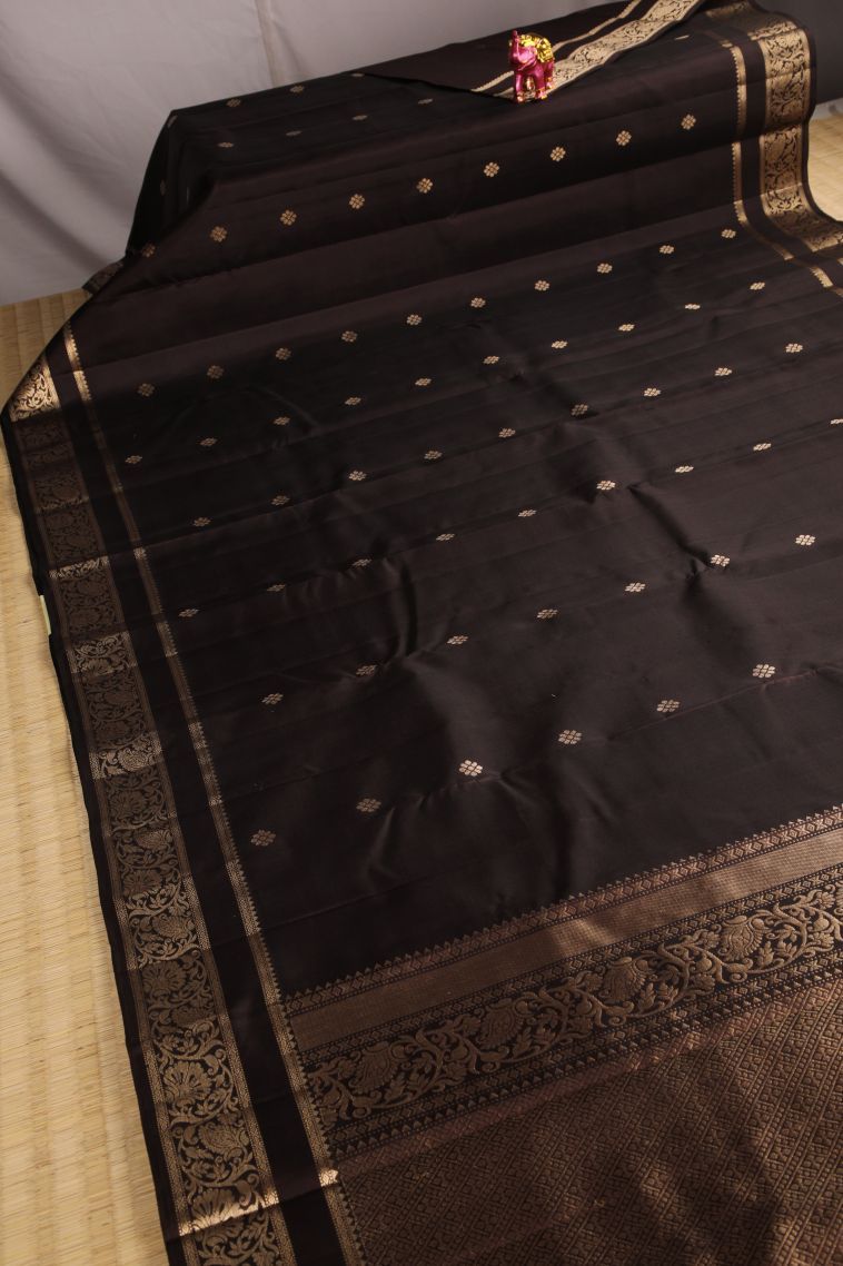 Hickory Brown Soft Silk Saree with Gold Zari Floral Puttas view 2