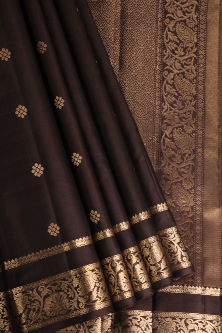 Hickory Brown Soft Silk Saree with Gold Zari Floral Puttas view 1